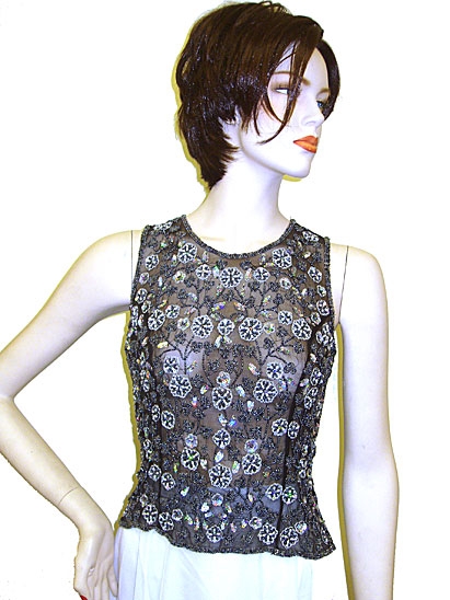 Sleeveless Net Top with Silver Petal Sequins 