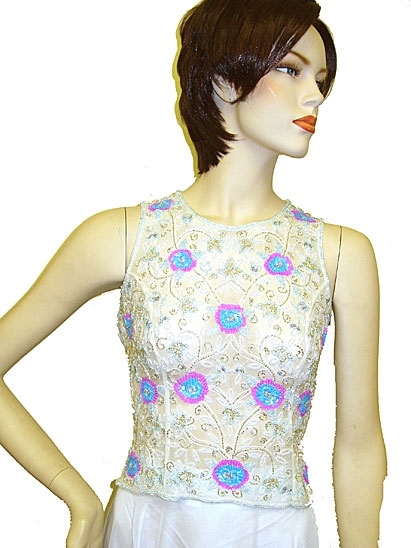 Sleeveless Net Top with Silver Petal Sequins 
