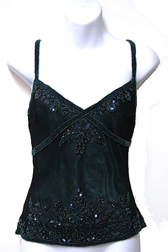 Spaghetti Strapped Silk Beaded Blouse — in Black/Green