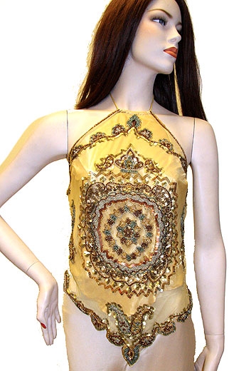Halter Neck Sequin Beaded Top — in Gold