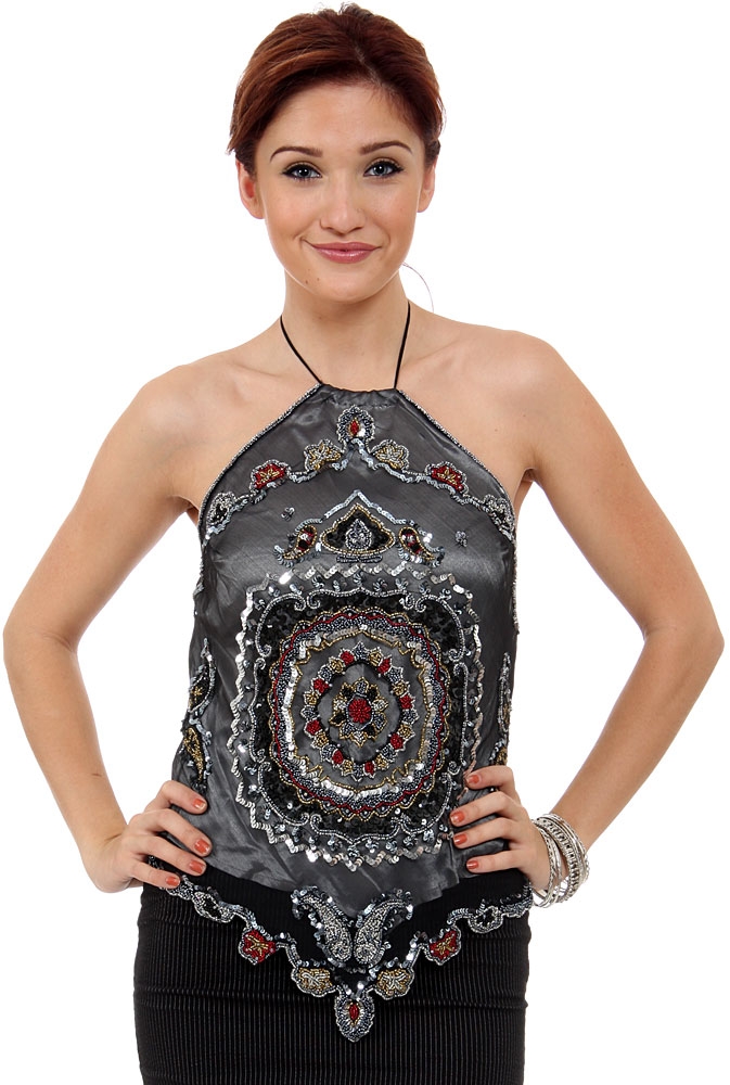 Halter Neck Sequin Beaded Top — in Gray/Silver