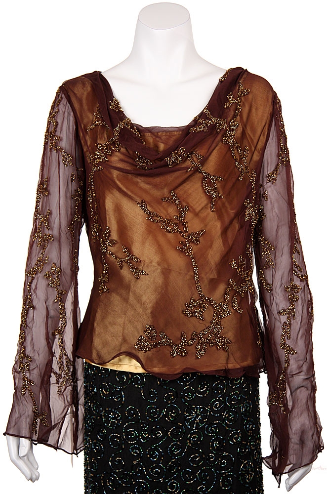 Loose Fitting Formal Beaded Blouse — in Brown/Gold