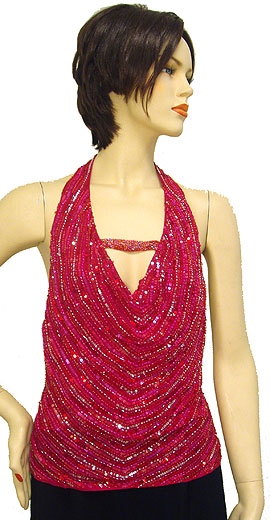 Sleeveless Fully Beaded Top — in Fuchsia