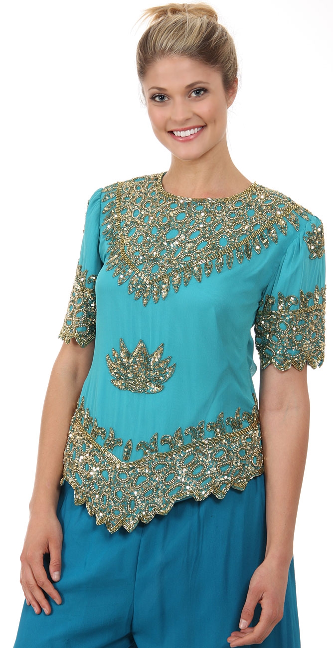Formal Hand Beaded Blouse — in Turquoise/Gold