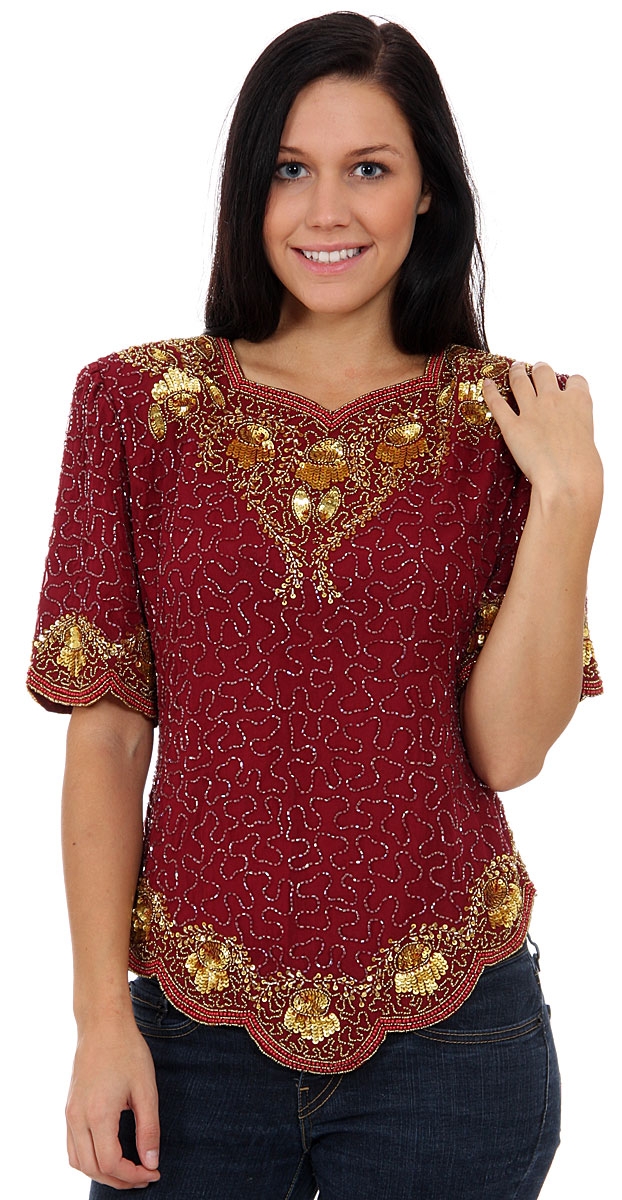 Small Leaves Design Hand Beaded/Sequined Blouse