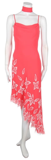 Spaghetti Strap Asymmetric Dress with Floral Design — in Coral color