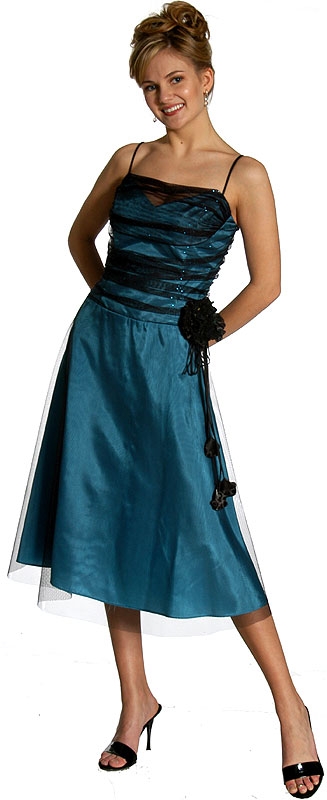 Shirred Bodice Tea Length Cocktail Prom Dress