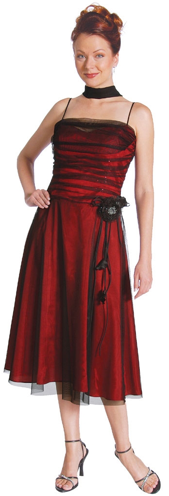 Shirred Bodice Tea Length Cocktail Prom Dress — in Black/Red color