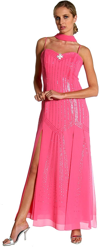 Beaded Spaghetti Strapped and Fringed Style Long Dress