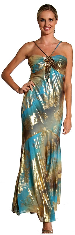 V Strapped Foil Printed Formal Dress — in Teal color