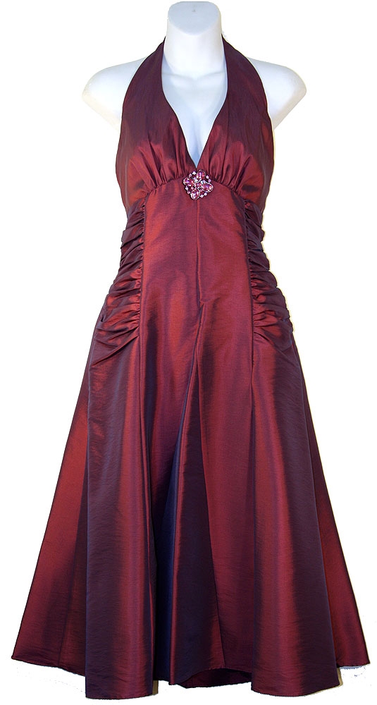 Halter Neck Taffeta Tea Length Party Dress — in Eggplant color