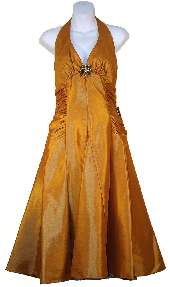 Halter Neck Taffeta Tea Length Party Dress — in Gold color