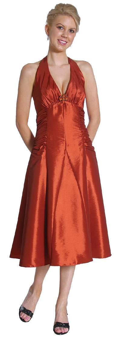 Halter Neck Taffeta Tea Length Party Dress — in Rust color