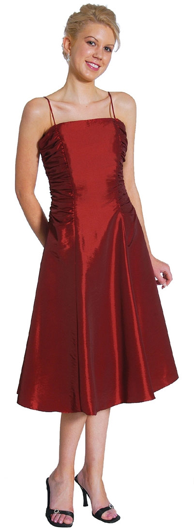 Spaghetti Straps Ruched Taffeta Short Party Dress — in Burgundy color