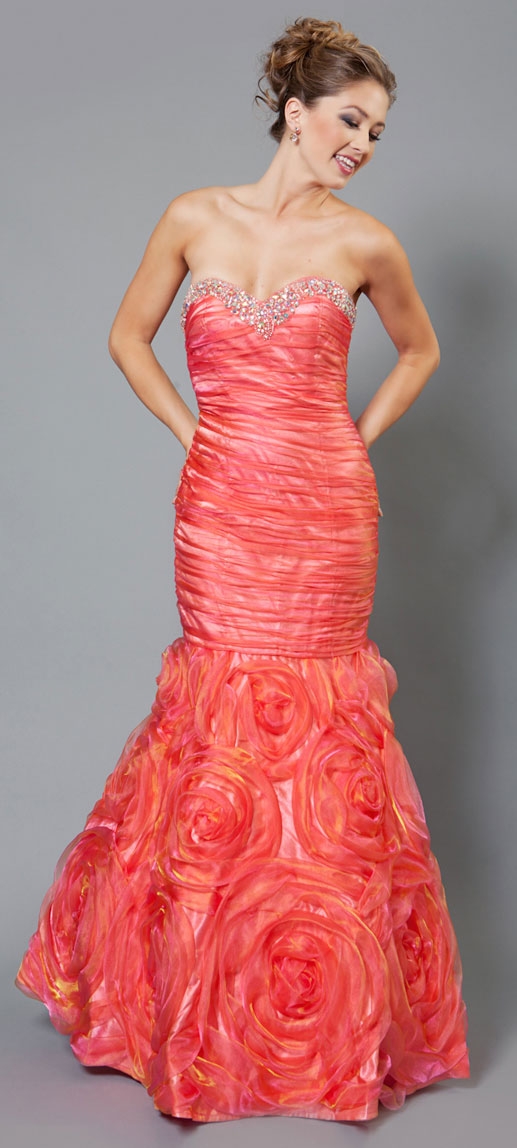 Two Tone Mermaid Style Shirred Strapless Prom Dress  — in Orange