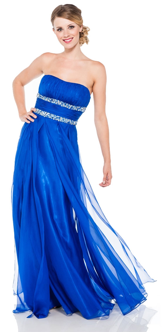 Strapless Long Formal Prom Dress with Beaded Waist — in Royal Blue