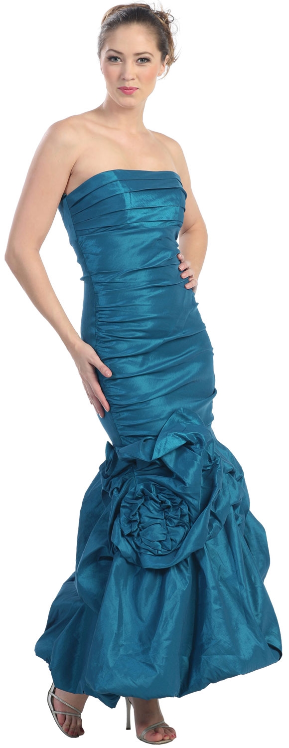Strapless Shirred Formal Gown with Bottom Applique