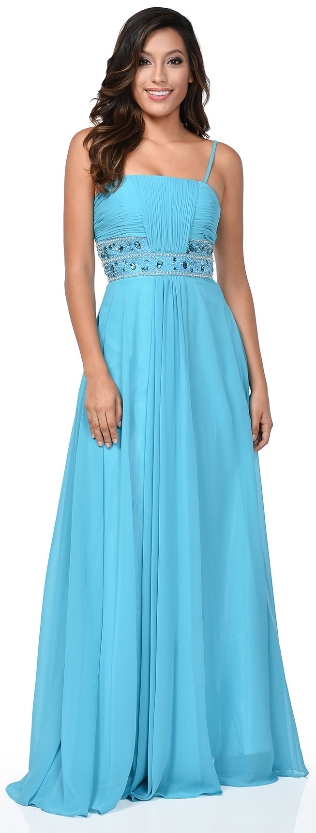 Shirred Bust Beaded Waist Long Formal Prom Dress