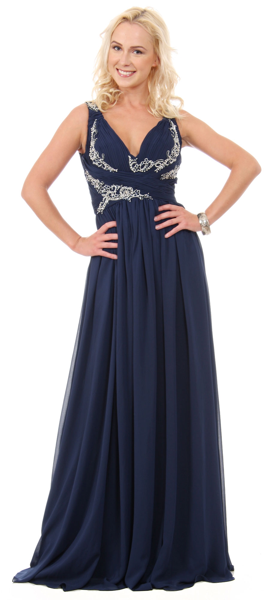 Deep V-Neck Ruched Floor Length Formal Prom Dress — in Navy
