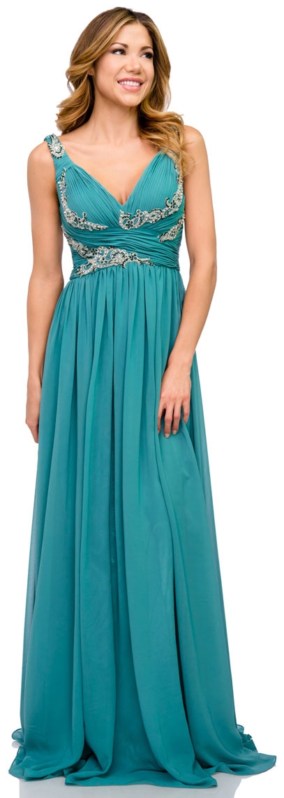 Deep V-Neck Ruched Floor Length Formal Prom Dress — in Teal