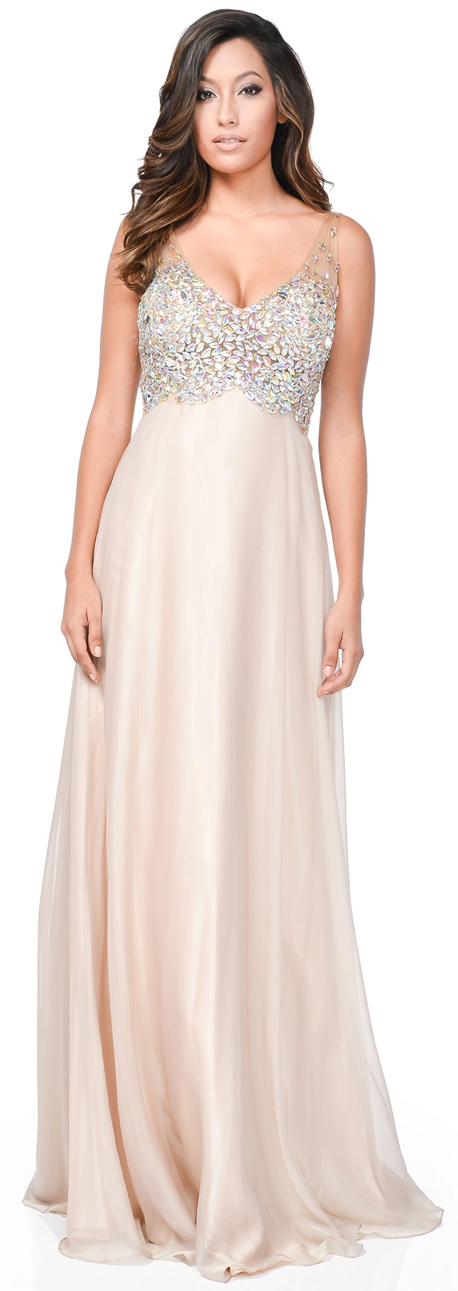 V-Neck Bejeweled Mesh Top Floor Length Formal Prom Dress — in Beige