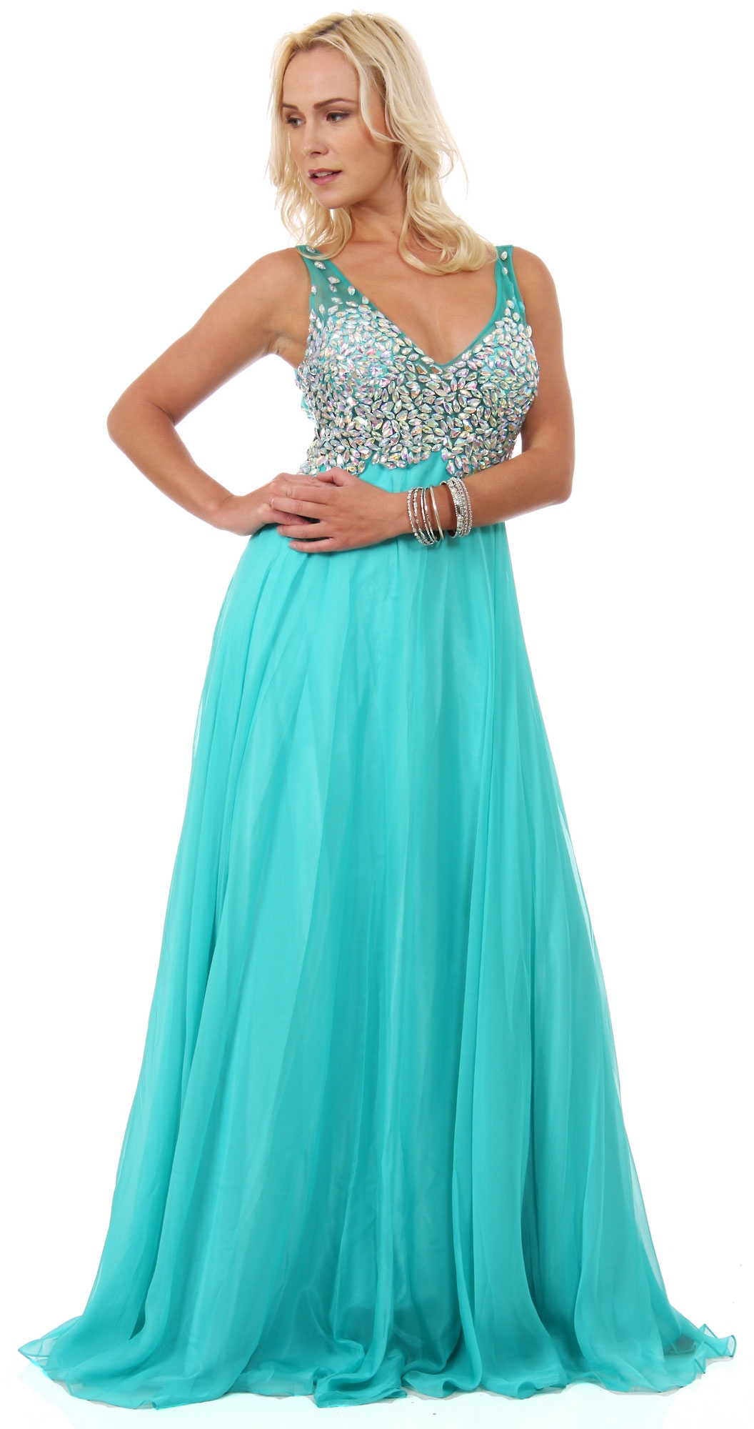V-Neck Bejeweled Mesh Top Floor Length Formal Prom Dress