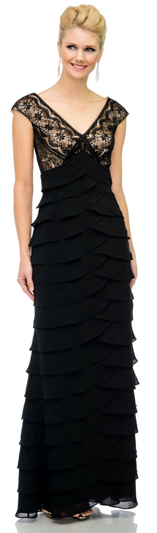 V-Neck Tiered Long Formal Prom Dress with Lace on Bust — in Black