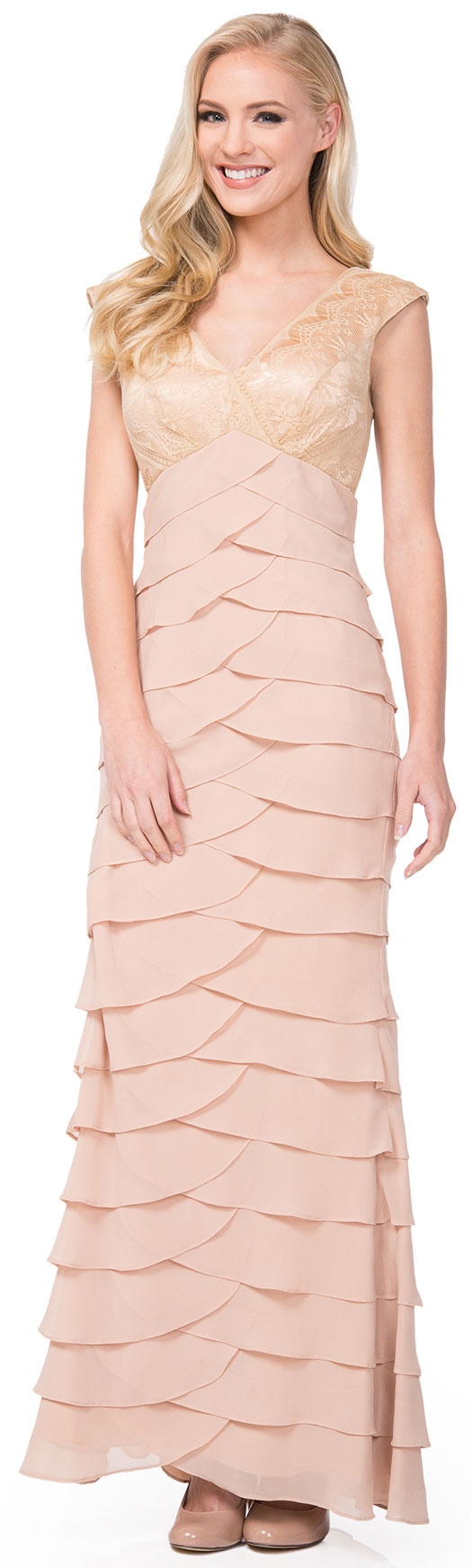 V-Neck Tiered Long Formal Prom Dress with Lace on Bust
