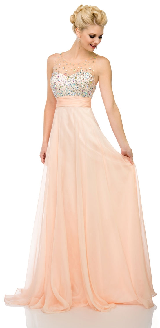 Jeweled Mesh Top Floor Length Formal Prom Dress — in Peach