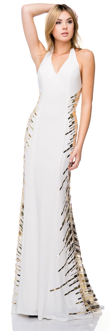 Halter Neck Sequined Sides Long Formal Prom Dress — in Off White