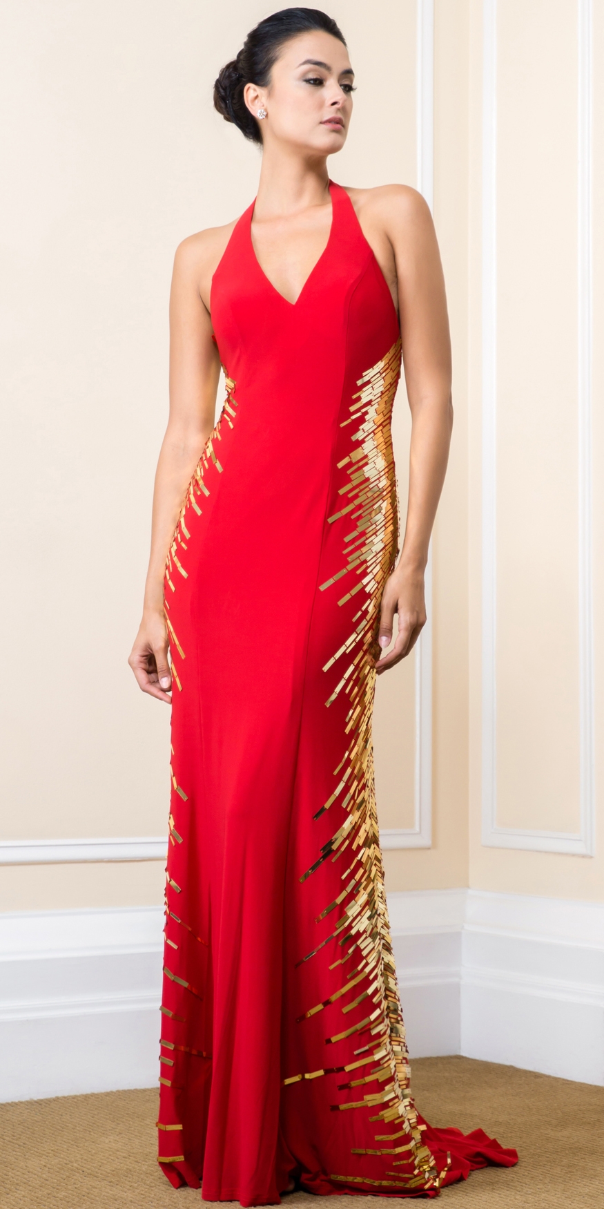 Halter Neck Sequined Sides Long Formal Prom Dress