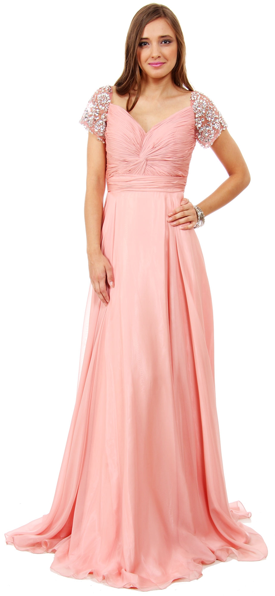 Short Sleeves Twist Front Floor Length Formal Prom Dress — in Peach Pink