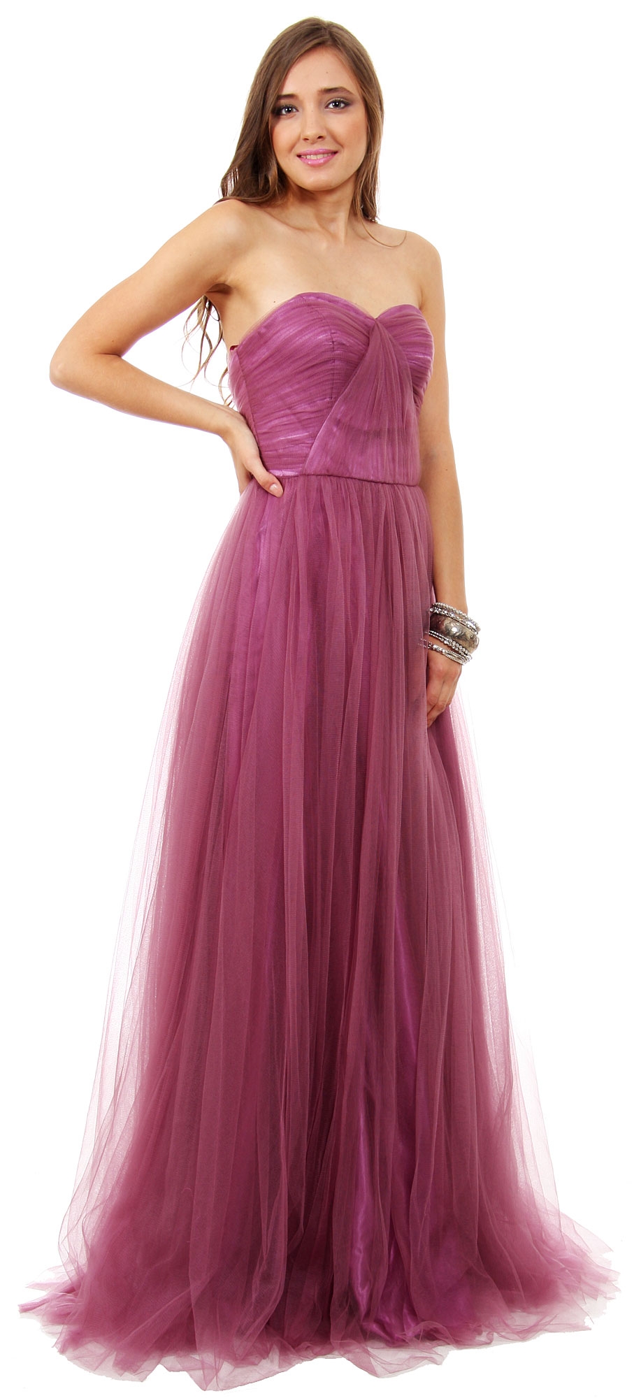 Strapless Sweetheart Neck Mesh Long Formal Prom Dress — in Plum