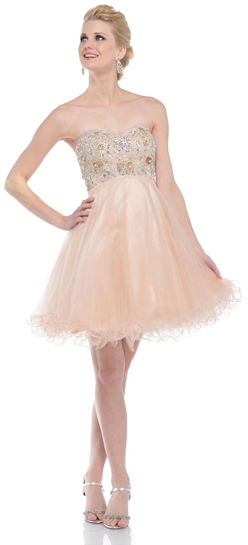 Strapless Beaded Bust Mesh Short Party Prom Dress — in Gold