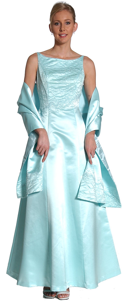 Boat Neck A-Line Beaded Classic Formal Prom Dress — in Aqua