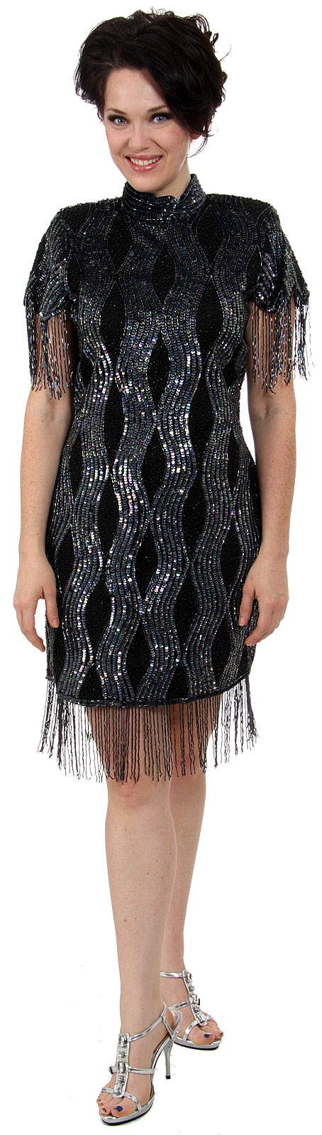Turtle Neck Vintage Fully Beaded Short Dress with Fringes