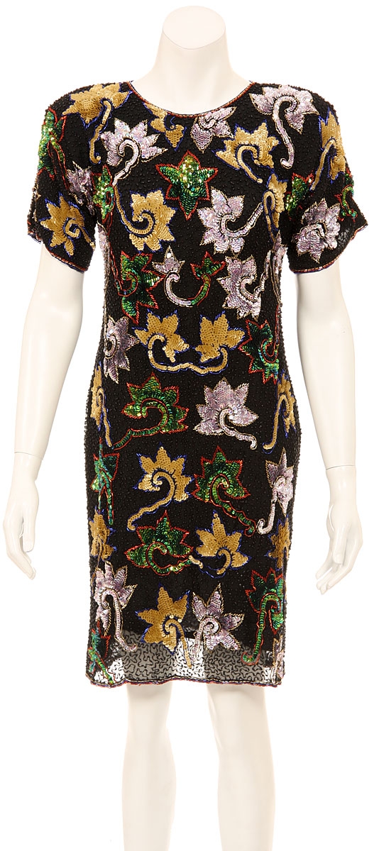 Floral Pattern Fully Sequined Cocktail Dress