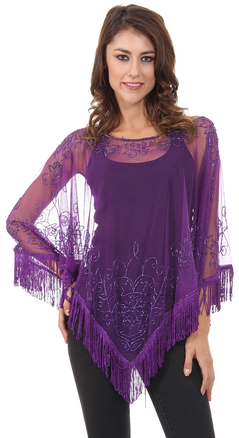 Boat Neck Mesh Beaded Poncho with Fringes 