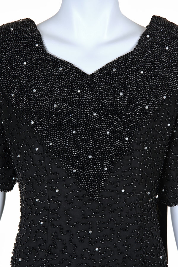 V-neck Vintage Style Mini Cocktail Dress With Pearls — in closeup
