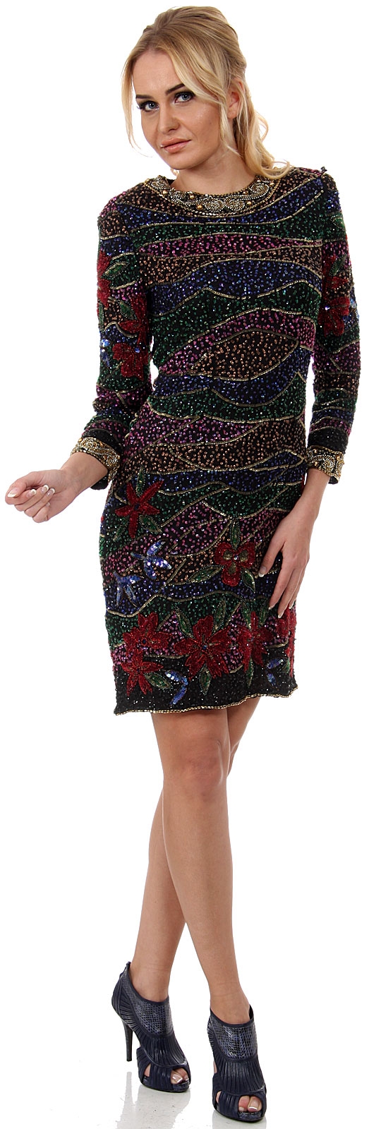 Multi Colored Waves & Flowers Short Sequined Party Dress 