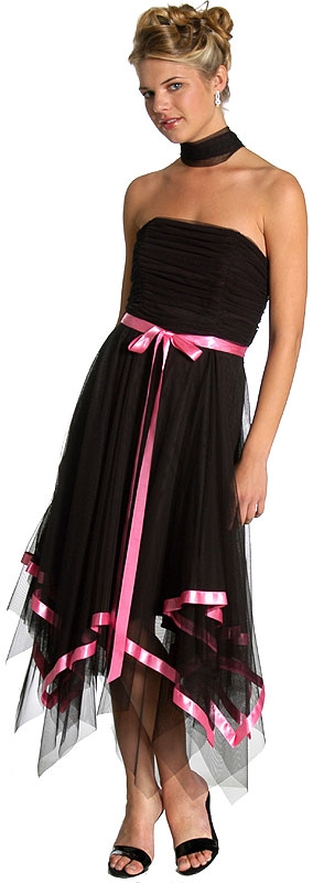Net and Bow Shirred Evening Dress