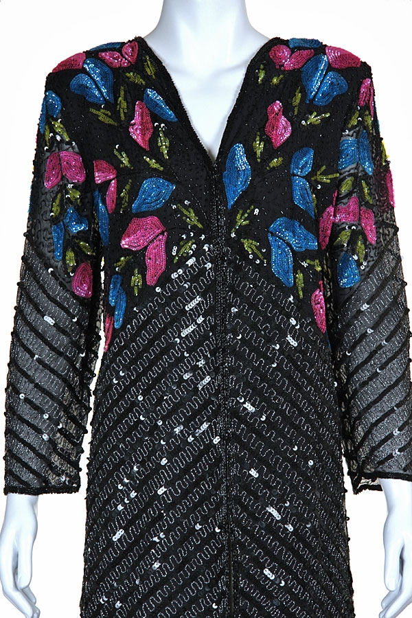 Long Beaded Jacket with Multi-colored Sequined Pattern — in closeup