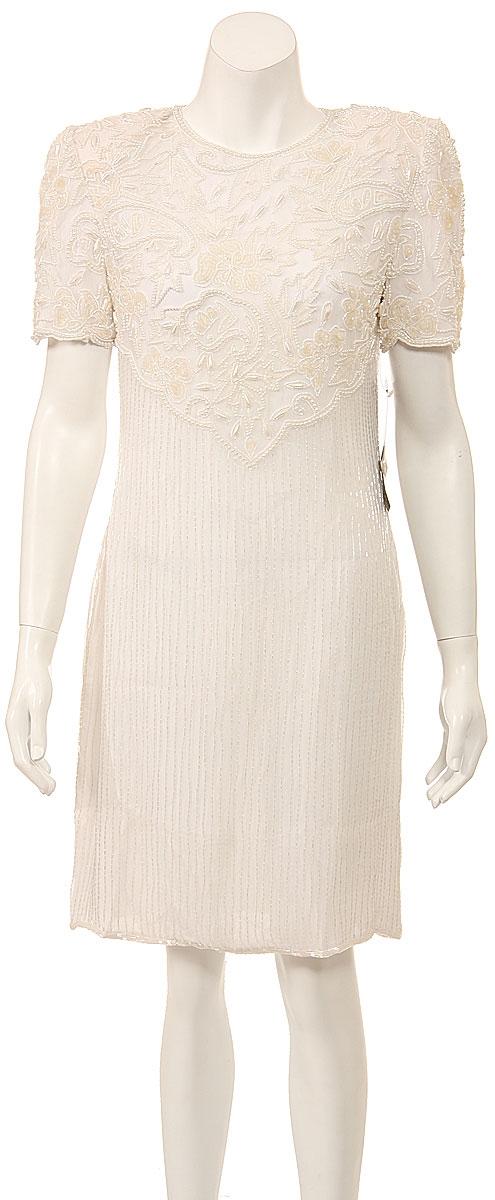 Tea Length Sequin Beaded Dress — in Ivory