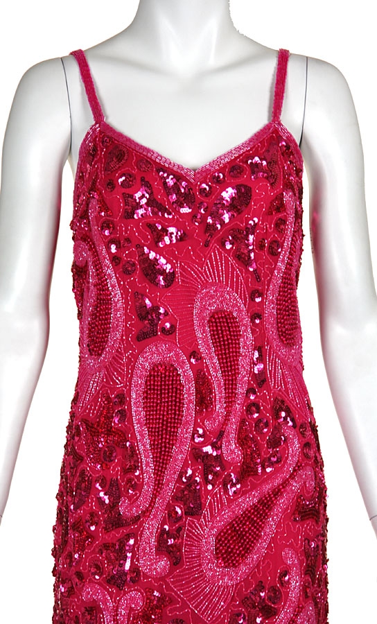 Spaghetti Straps Long Sequined Formal Dress — in closeup
