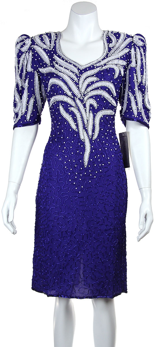 Sequined Tea Length Cocktail Dress — in Royal/White