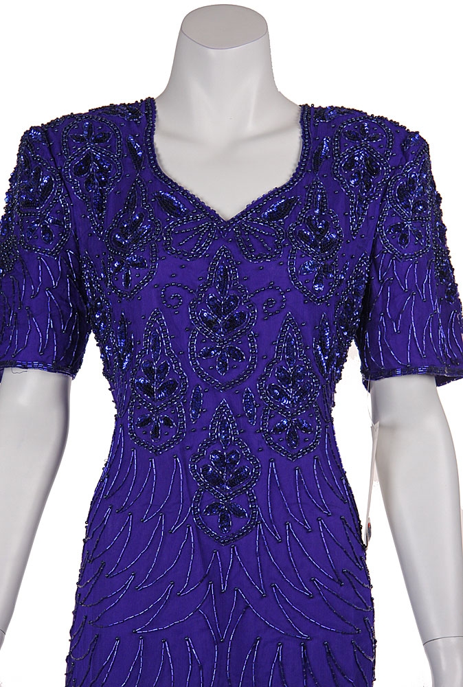 Full Length Floral Print Sequin Beaded Formal Dress — in closeup