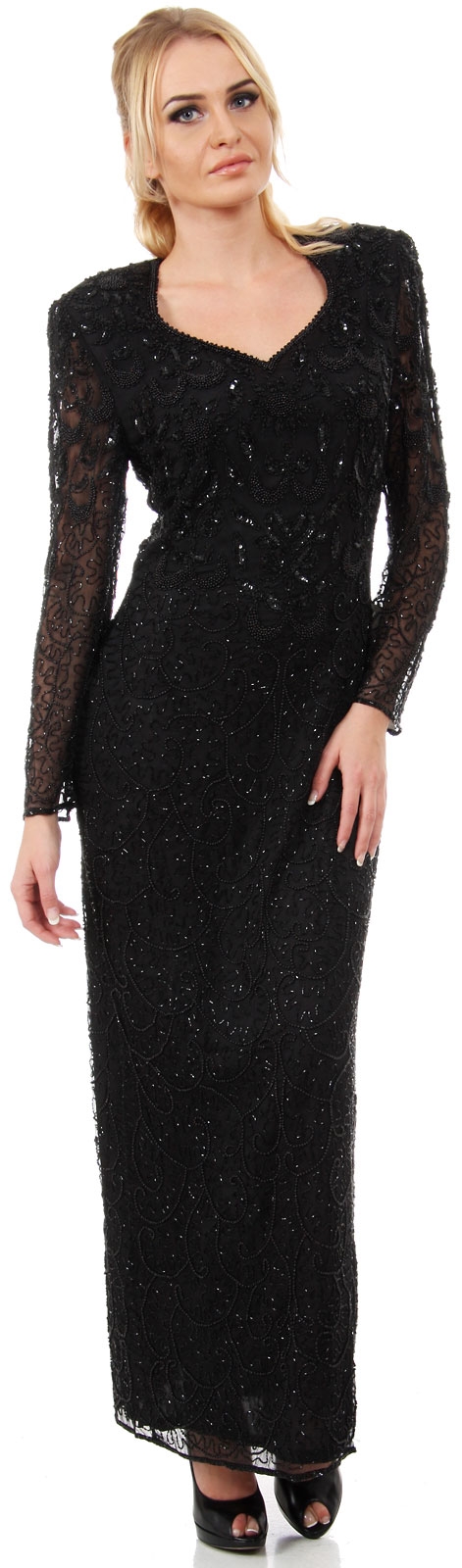 Floral Bodice Sweetheart Neck Full Sleeves Long Beaded Gown