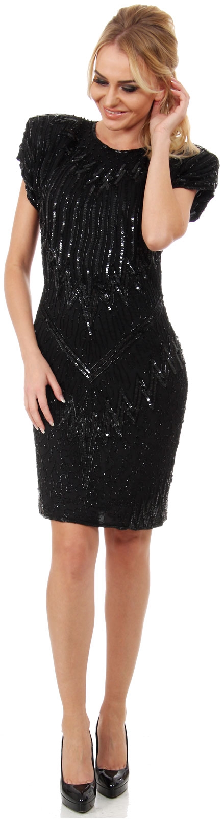 Wide Shoulders Sequined Short Formal Party Dress.