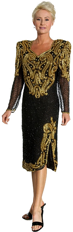 Sweetheart Neck Knee Length Formal Beaded Dress with Keyhole — in Black/Gold