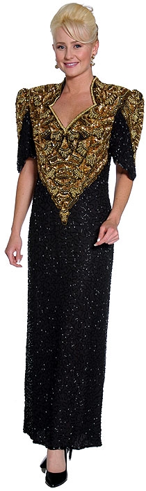 V-Neck Half Sleeves Long Formal Beaded Gown  — in Black/Gold